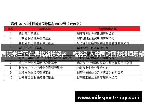 国际米兰正在寻找新投资者，或将引入中国财团参股俱乐部